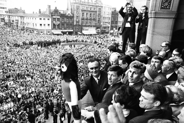 The Wednesday players on the Town Hall balcony in front of thousands of Wednesday fans who had flocked to the city centre to welcome back their FA Cup final heroes in May 1966.