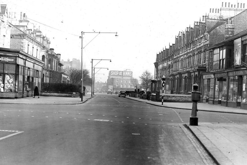 This view from York Road shows Binns in the distance and the Grand Hotel just visible behind the trees . The photo comes from the mid 1950s. Photo: Hartlepool Library Service.