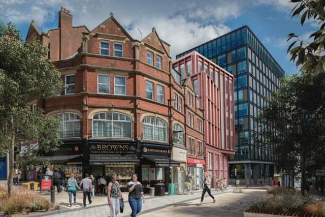 An impression supplied by property developer Grantside of how the six-storey office block on the corner of Charles Street and Norfolk Street in Sheffield city centre would look, next to the listed Prudential Assurance Building