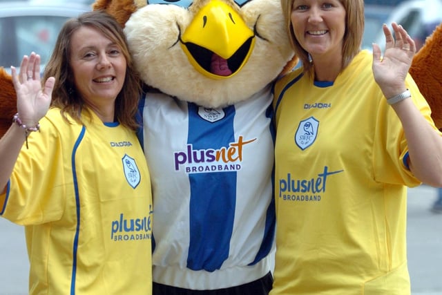 Barney Owl with Wednesday fans, left, Frances Wood and Kay Udall in the new Sheffield Wednesday away kit in 2006