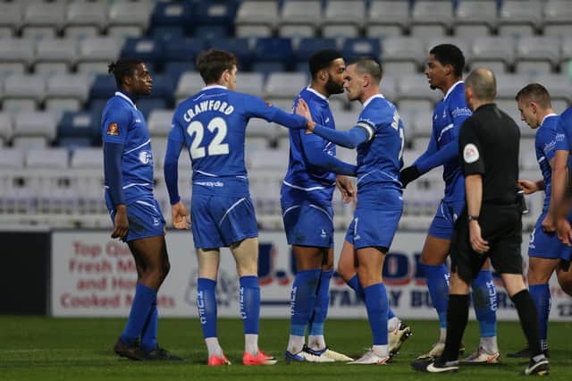 Mason Bloomfield of Hartlepool United celebrates with his team mates after scoring to level the score at 1-1 during the Vanarama National League match between Hartlepool United and Boreham Wood at Victoria Park, Hartlepool on Saturday 5th December 2020. (Credit: Mark Fletcher | MI News)