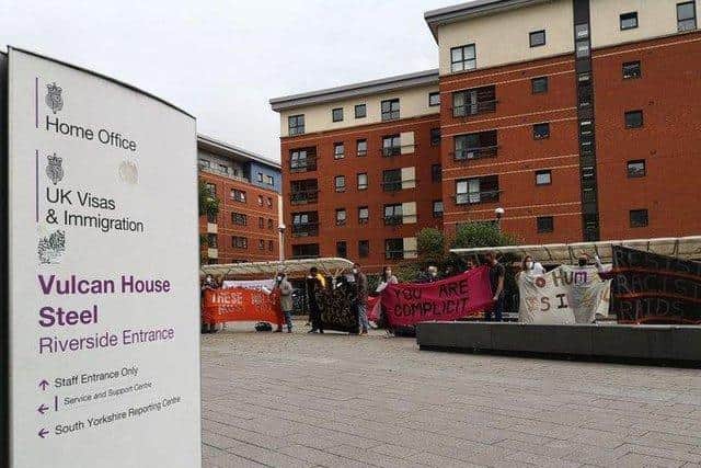 Campaigners protested outside Vulcan House - the Home Office's reporting centre in Sheffield - on Friday