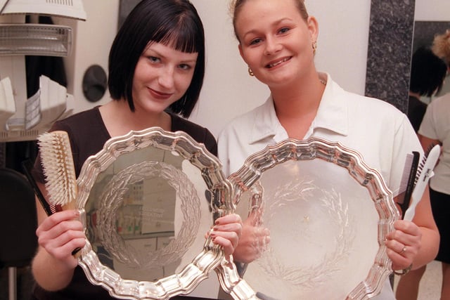 Apprentice of the Year award winner Emma Dillon (right) and runner-up Carly mannion, both aged 20. The talented duo worked at Kevin Wilcox's hairdressing salon in Copley Road, Doncaster in 1999