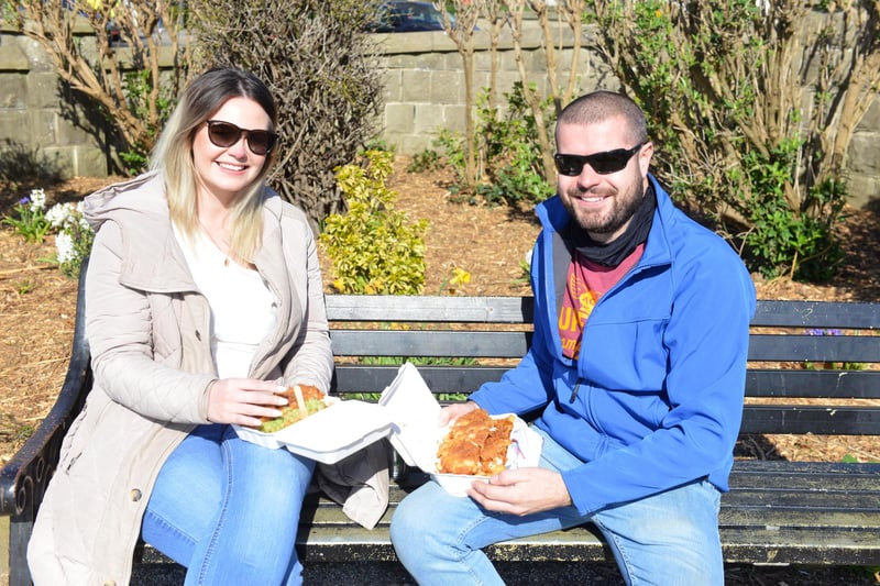 Cherrelle and Dean Ord enjoying fish and chips from Verrills.
