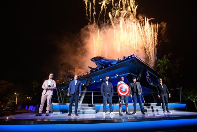 Paul Rudd, Disney CEO Bob Chapek, Anthony Mackie,  Marvel Studios President/Marvel Chief Creative Officer Kevin Feige and Experiences and Products Chairman Josh D’Amaro attend the Avengers Campus opening ceremony at Disney California Adventure Park on June 2, 2021 in Anaheim, California. Picture: Richard Harbaugh/Disneyland Resort via Getty Images