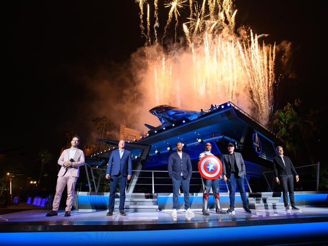 Paul Rudd, Disney CEO Bob Chapek, Anthony Mackie, Marvel Studios President/Marvel Chief Creative Officer Kevin Feige and Experiences and Products Chairman Josh D’Amaro attend the Avengers Campus opening ceremony at Disney California Adventure Park on June 2, 2021 in Anaheim, California. Picture: Richard Harbaugh/Disneyland Resort via Getty Images