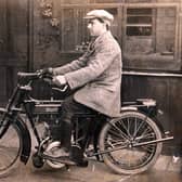 Mr T Dunbar Cooke on his motorcycle in the rear yard of 229 London Road, 1920s. Ref no: T13106