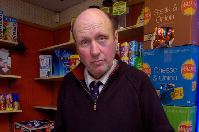 Mick Wiles  at his newsagents on Langsett Road, Hillsborough in 2012