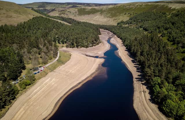 Low water levels at Howden Reservoir in the Peak District.