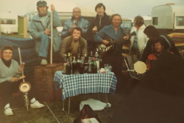 The campers' skiffle band at Bridlington South Shore in 1982 - pictured are Brian, Charlie, Roy, Edna, Barrie, Arthur on guitar, Brenda, unknown name and Bill