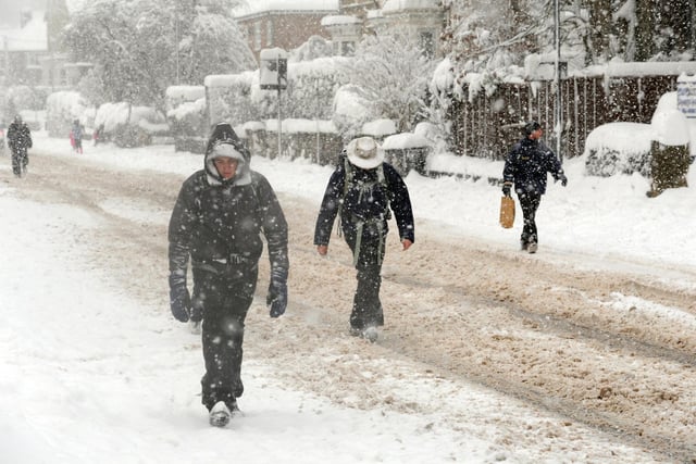 A pedestrians walking on Abbeydale Road South, Millhouses, Sheffield  during the rush hour with not a bus or vehicles in sight  following the heavy snow fall 
on November 30, 2010