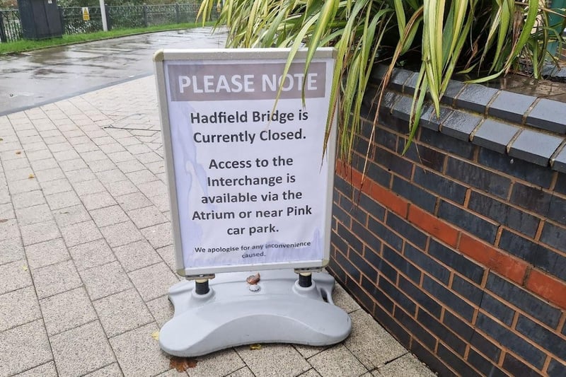A road sign confirms Hadfield Bridge is closed, near Meadowhall