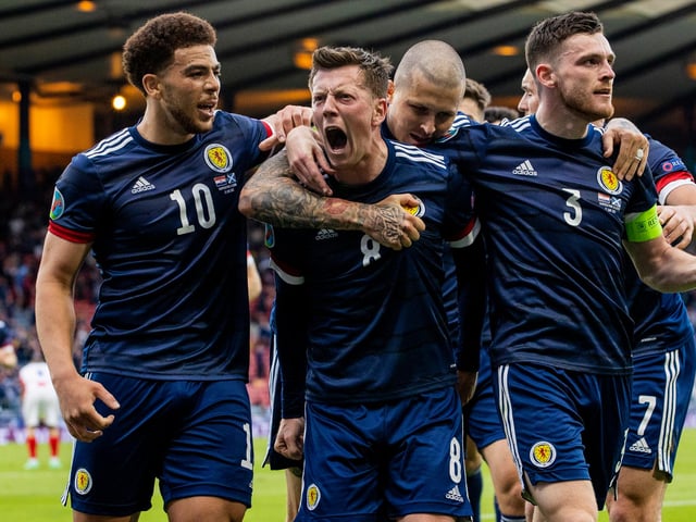Callum McGregor celebrates after scoring Scotland's first tournament goal since France 1998 at Hampden Park.