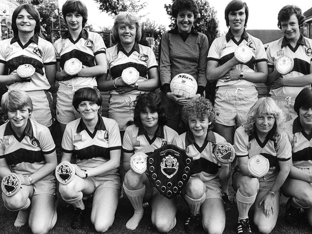 Sheffield Ladies football team who won the Nottingham Ladies League Cup Final. Left to right, rear: Marcia Hague, Myra Stockdale, Sandra Carder, Jean Bradshaw, Pauline Stones, Kay Clapham. Front row: Karen Briggs, Vicky McSloy, Karen Wood, Joanne Broadhurst, Beverley Day and Janet Davies, July 3, 1982