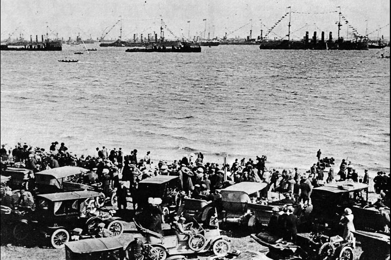 A view from the beach of part of the 1914 Fleet Review which contained 59 battleships.