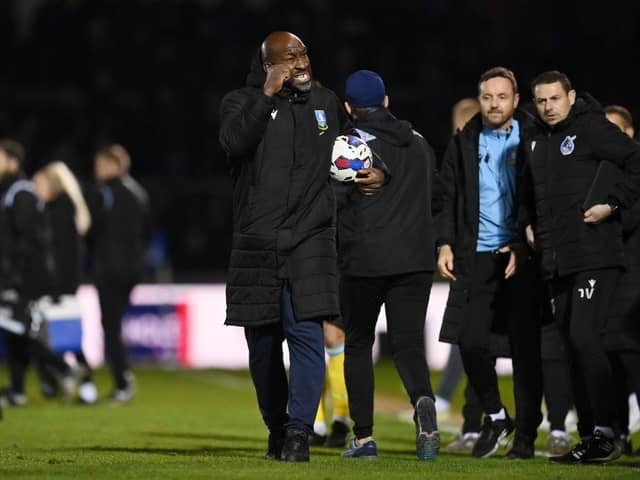 BRISTOL, ENGLAND - APRIL 18: Darren Moore, Manager of Sheffield Wednesday, celebrates victory after defeating Bristol Rovers during the Sky Bet League One match between Bristol Rovers and Sheffield Wednesday at Memorial Stadium on April 18, 2023 in Bristol, England. (Photo by Dan Mullan/Getty Images)