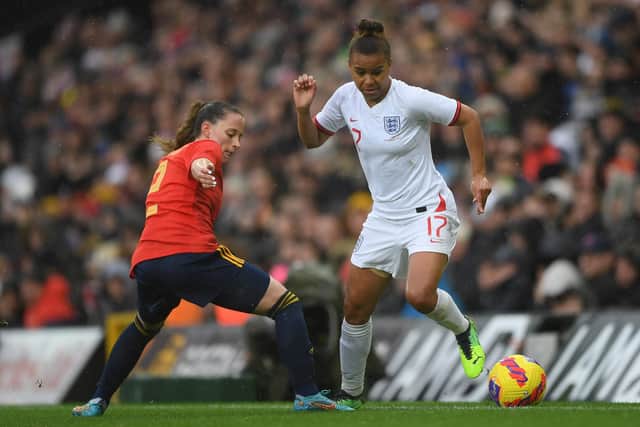 Nikita Parris of England is challenged by Ona Batlle of Spain during the Arnold Clark Cup match between England and Spain at Carrow Road (Photo by Harriet Lander/Getty Images)