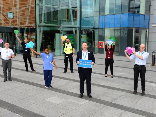 Staff at Queen Alexandra Hospital in Cosham, show their appreciation to the community of Portsmouth during the first Clap for Carers at the start of April.
