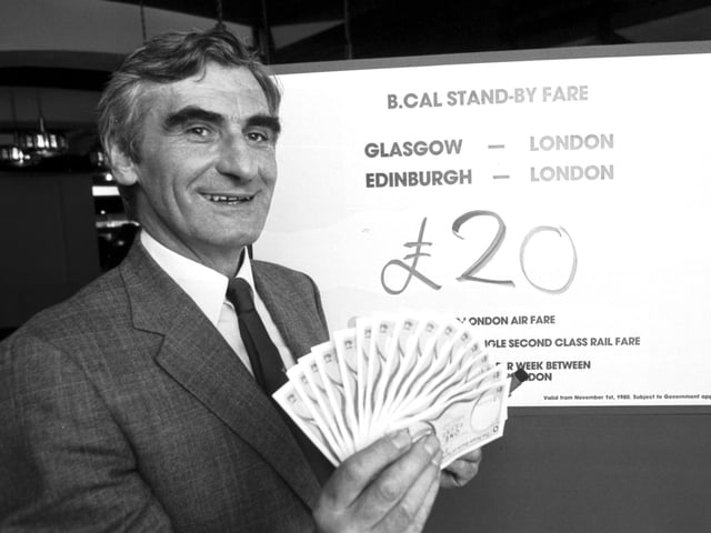 Managing director Alastair Hugh  announces a £20 stand-by fare from Edinburgh/Glasgow to London on British Caledonian Airways in August 1980.