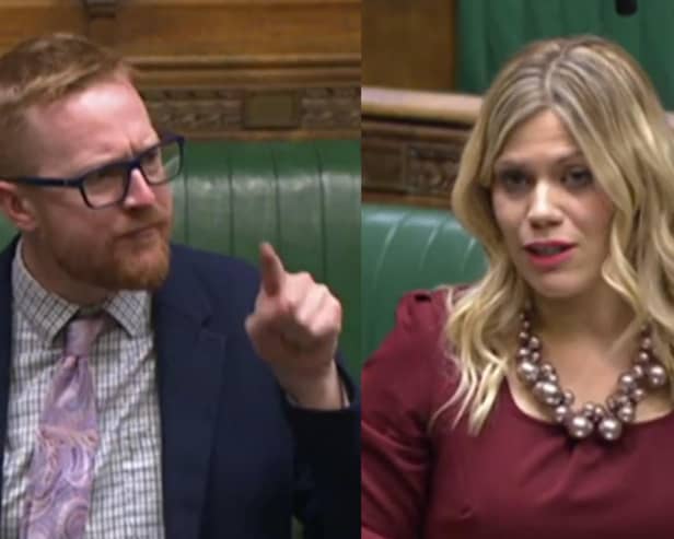 Lloyd Russell-Moyle (left), Brighton Labour MP, accuses Miriam Cates (right), Sheffield Conservative MP for Penistone and Stocksbridge, of 'transphobia' and 'bigotry' during heated House of Commons debate on Scotland's Gender Recognition Reform Bill.