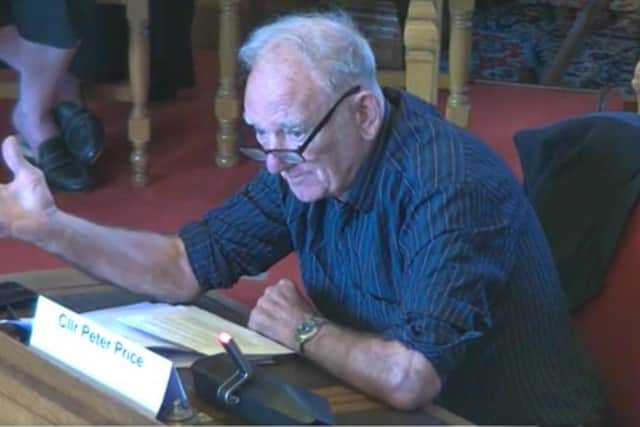 Councillor Peter Price speaking in Sheffield Town Hall council chamber during the planning and highways committee meeting.