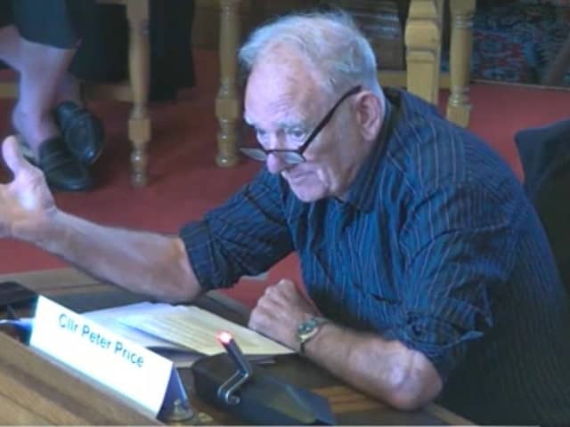 Councillor Peter Price speaking in Sheffield Town Hall council chamber during the planning and highways committee meeting.
