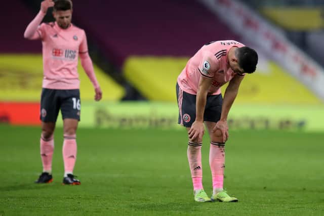 John Egan of Sheffield Utd looks on dejected during the Premier League match at Turf Moor, Burnley.  Simon Bellis/Sportimage