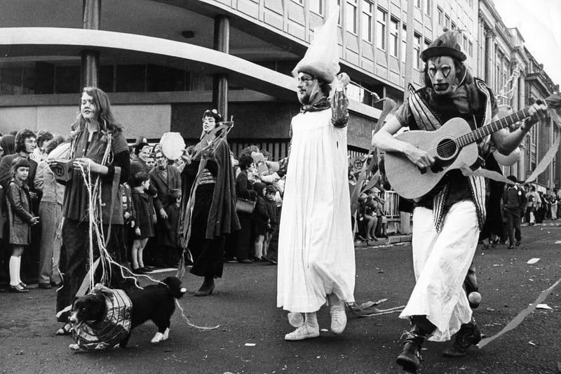 The dog leads the way for this group in the Sheffield University Rag Day parade on October 28, 1972