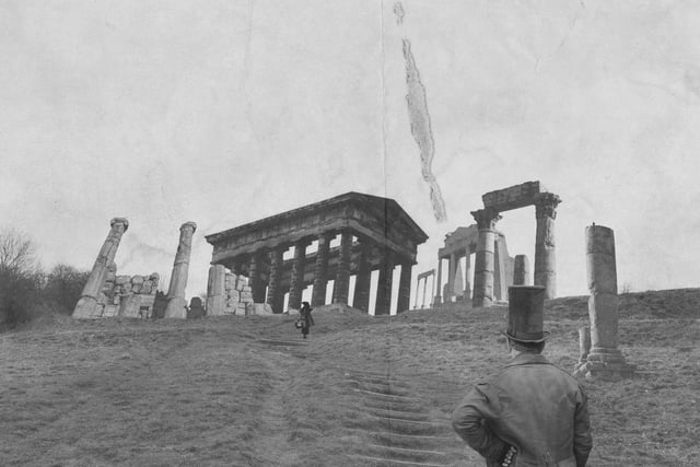 Taken in 1898, this is the only surving photo showing the original cluster of decorative monuments on Penshaw Hill. The arcade of ruins dated back to the Roman Emperor Pensorius. Deemed crumbling eyesores, the neighbouring monumae were dismantled, and individual segments sold into private collections, with only Penshaw Prime surviving to this day.