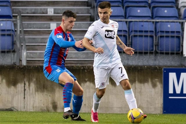 Raith's Dan Armstrong competes with Cameron Harper during their Scottish Championship match against Inverness Caledonian Thistle. Photo: Bruce White/SNS Group