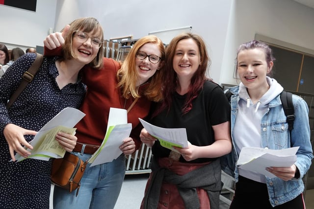 Charlotte Walton, Rosie Shotton, Tamsin Keeney and Libby Payne celebrate receiving their GCSE results at Duchess's Community High School, in Alnwick, in 2019.