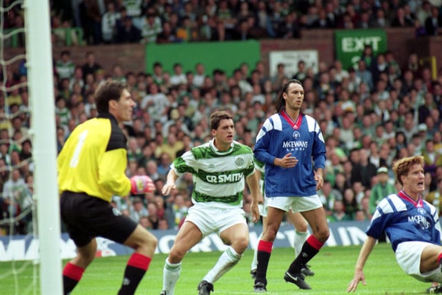 Celtic's Pat McGinlay and opponent Mark Hateley during a Celtic v Rangers Old Firm football match at Parkhead (Celtic Park) in August 1993. Final score 0-0 draw.