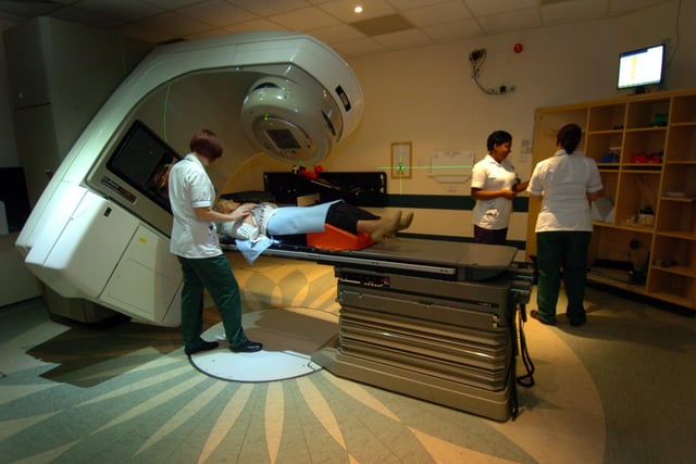 Cancer patient receiving radiotherapy at Weston Park Hospital