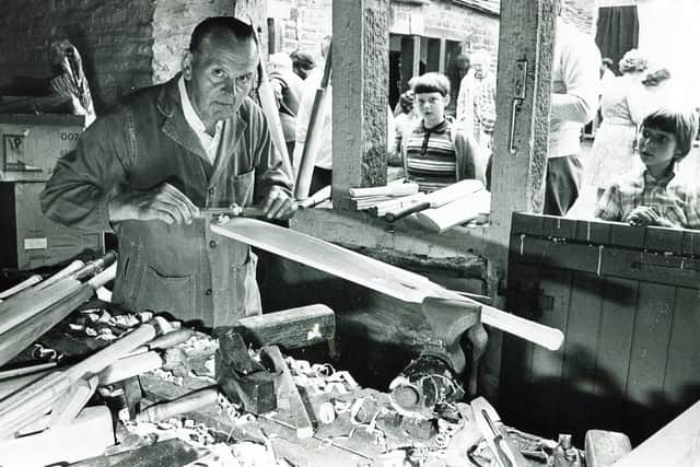 Jim Wade, cricket bat maker, pictured at work at Abbeydale Industrial Hamlet, Sheffield, June 15, 1974