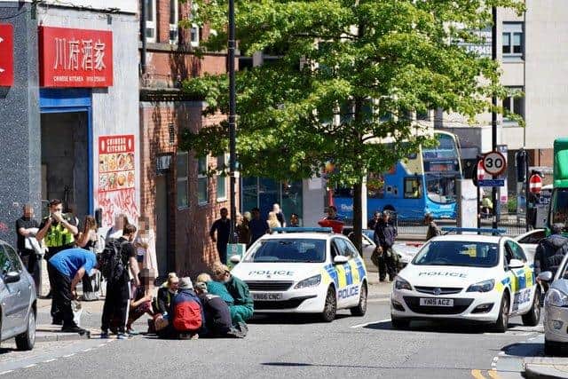 A man was stabbed in a brawl in on Arundel Gate in Sheffield city centre. He was treated for injuries on nearby Norfolk Street (Photo: Steve Ellis)