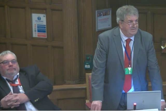 Coun Bryan Lodge speaking at a Sheffield Council budget-setting meeting when he was finance committee chair. Then-council leader Coun Terry Fox is on the left. Picture: Sheffield Council webcast
