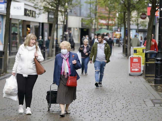 Shoppers on the streets of Doncaster Town centre as South Yorkshire enters the Tier-3 restrictions imposed by the government to try to halt the spread of Covid-19