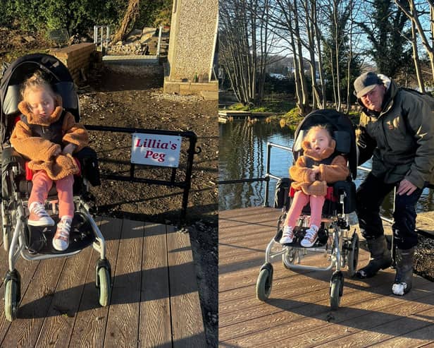 A new disabled access fishing peg at Sheffield's Ecclesfield Dam has been unveiled. 'Lillia's Peg' was built by owner Darrell Smedley in honour of Lillia Sheppard, pictured here at the opening day on March 10.