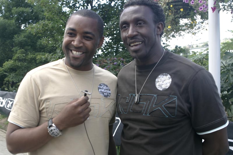 Olympic sprint relay gold medallist Darren Campbell and sprint star Linford Christie, who won gold in Barcelona in 1992 and two silvers in Seoul in 1988, at Meadowhall Street Athletics, whern they visited to encourage young athletes