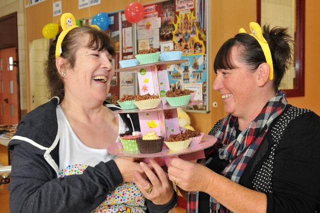 Linda Bain (left) and Debra Cosgrove with cakes they sold in aid of Children In Need at Brierton Sport Centre 9 years ago.