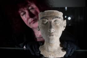 Prof Joanne Fletcher pictured with a bust of Tutankhamen,  at Experience, Barnsley. Picture by Simon Hulme