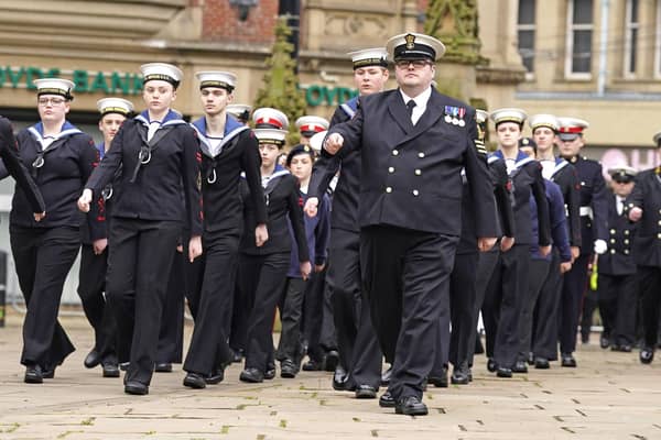 Cadets march towards Sheffield Cathedral as poart of the HMS Sheffield commemorations on Sunday