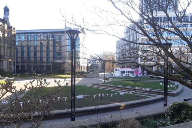 Big name radio DJ Arielle Free hits Sheffield today – as her Comic Relief Tour de Dance arrives in the city. The Radio One base is pictured in the Peace Gardens this morning