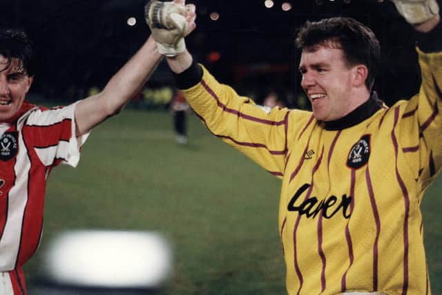Alan Kelly, goalkeeper for the Blades pictured with Paul Beesley