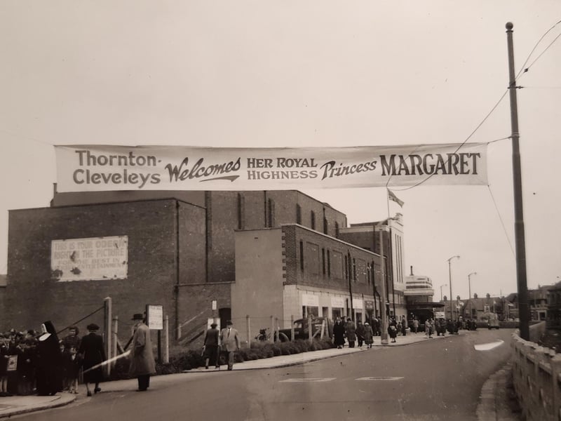 Banners on Rossall Road welcome Princess Margaret to Cleveleys in 1954