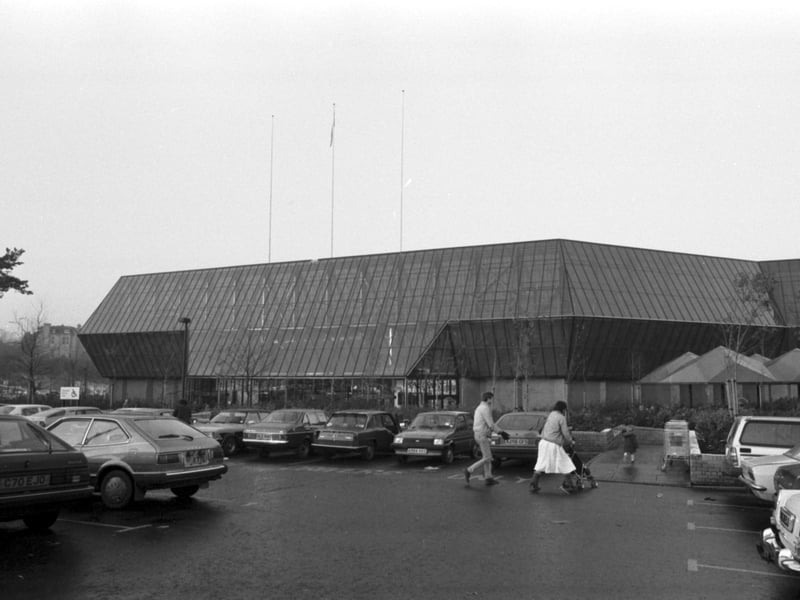 Exterior and car park of Edinburgh shopping centre Cameron Toll in December 1985.