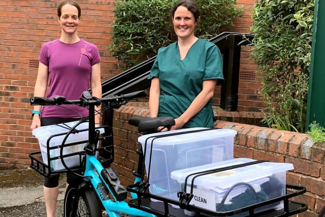 Dr Helen Twohig (left) & Dr Liz Calllingham of Dykes Hall Medical Centre with their Tern e-cargo bike