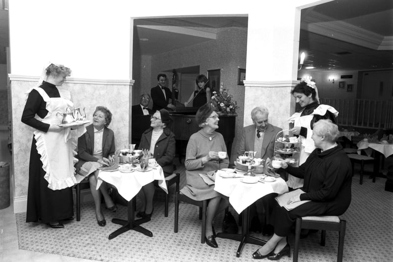 Former employees of Patrick Thomson's department store in Edinburgh are treated to a Thirties' style high tea at the Carlton Highland hotel in November 1984.