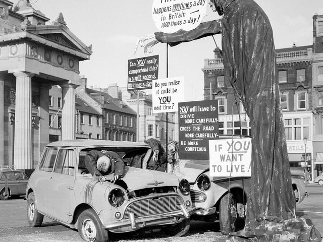 A 'crash display' as part of a road safety campaign at the Mound in October 1964.