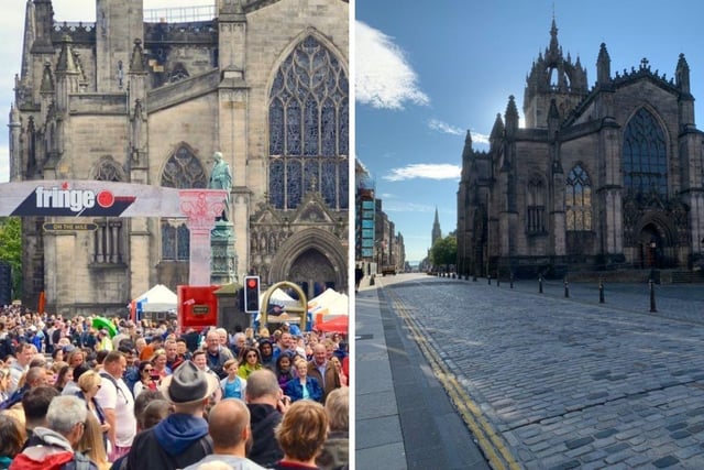 The Royal Mile is normally one of the busiest areas of the city centre during August. The contrast with an image taken outside St Giles' Cathedral this year could not be more stark.